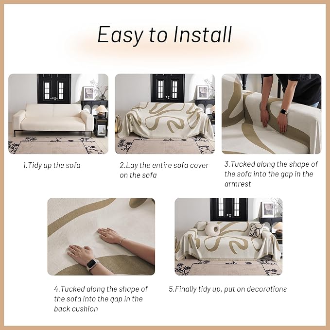 MYSKY HOME Couch Cover for 3 Cushion Sofa, Super Soft Boho Couch Covers for Dogs Washable, Jacquard Slipcover Furniture Protector for Living Room, 91" x 134", Khaki Curve - Image 6