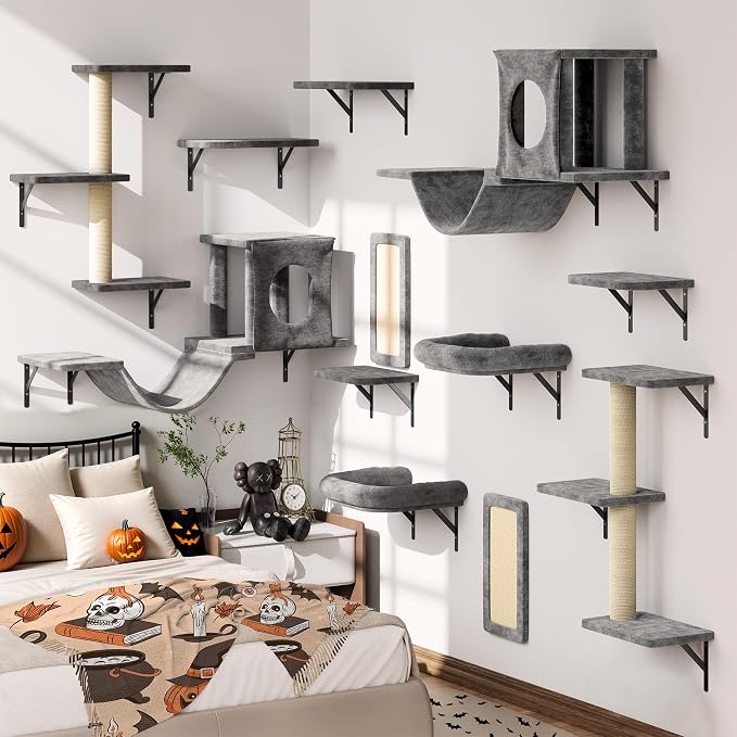12-in-1 Cat Wall Shelves, Luxury Wall-Mounted Cat Climber Set | with Condos House, Scratching Post, Bridge Ladder, Indoor Space-Saving Furniture for Kittens, Dark Gray by NUNULAB