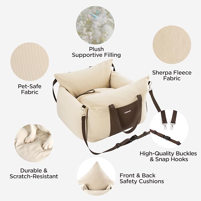 Lesure Dog Car Seat for Small Dogs,Booster Car Bed for Puppy Under 25lbs | Soft Pet Carseat with Clip-On Safety Leash and Thickened Memory Foam Filling,Dog Travel Carrier Bed with Storage Pocket,Beige - Image 4