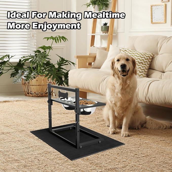 Elevated Dog Bowls With Mat, Adjustable Height 4.3-11.8'', Two 1.7L Stainless Steel Food & Water Bowls, Metal Raised Stand for Large, Medium Dogs - Image 6