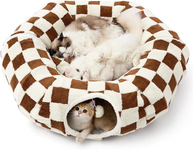 Lesure Donut Cute Jacquard Large Cat Tunnel Bed Kitten Toys for Dog Bunny | 39.5x39.5x10in,Round Large Cat Bed Tube for Multi Kittens,Pet Peekaboo Cave Toy,Spiral Hideaway,Washable Cushion,Brown Checks by Lesure