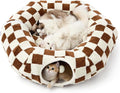 Lesure Donut Cute Jacquard Large Cat Tunnel Bed Kitten Toys for Dog Bunny | 39.5x39.5x10in,Round Large Cat Bed Tube for Multi Kittens,Pet Peekaboo Cave Toy,Spiral Hideaway,Washable Cushion,Brown Checks by Lesure