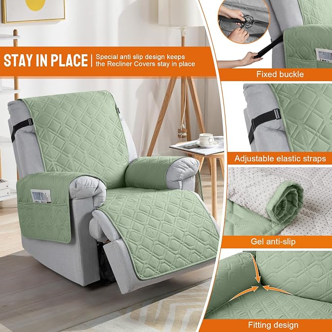 VANSOFY 100% Waterproof Recliner Chair Covers, Recliner Cover Non-Slip Dog Chair Cover Furniture Protector Washable Slipcover with Pocket, Elastic Straps for Pets, Dogs(Light Green, 30") | Non-Slip, Slipcover with Pocket, Furniture Protector, Elastic S... - Image 2