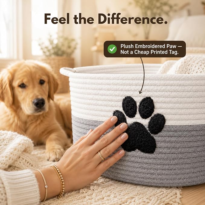 Dog Toy Basket with Handles, Grey Cotton Rope Storage Bin Organizer | Neutral grey dog toy organizer that blends any decor. Holds toys, blankets & leashes. Spot wash, collapsible rope bin. - Image 4