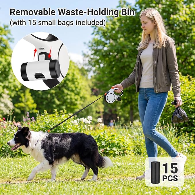 Segarty 16 Ft 360°Tangle-Free Leash with Detachable Waste Bag Holder, Retractable Dog Lead for Pet up to 66 Lbs, 5m White Walking Leash with Anti-Slip Handle & One-Handed Brake Pause Lock for Outdoors - Image 6