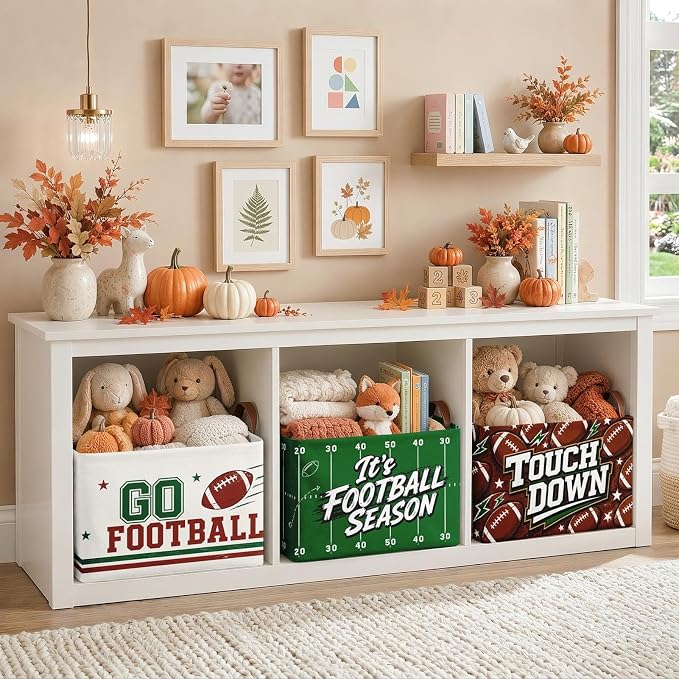 Britimes Football Storage Baskets for Gift, Toy Storage Bins Box,3Pcs Fall | Game Day Canvas Collapsible Baskets Organizer with Handles Football Nursery Decor Laundry Basket for Shelves Closet - Image 2