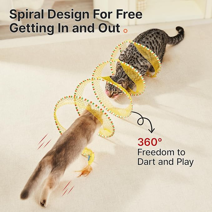 Potaroma Spiral Tunnel Cat Toy, Self Play Collapsible Spring Kitten Tunnel | For Indoor Cats, with Feather and Bell, 20 Inches Unfolded - Image 3