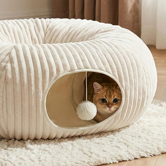 Cat Tunnel Bed with 40 Pcs Interactive Cat Toys, Cat Tube with Kitten Toys for Indoor Kittens, Collapsible Play Tunnel, White - Image 3