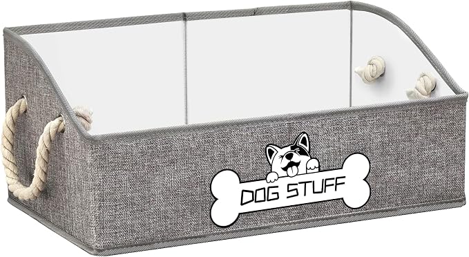 Dog Toy Basket, Storage Bin, Collapsible Box for Pet Accessories | Fabric Container With Handle, Trapezoid Holder for Small Medium dogs, Organizer for Living Room, Gray by Thankspaw