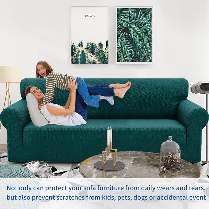 ZNSAYOTX 1 Piece Jacquard Couch Covers for 3 Cushion Couch High Stretch Sofa Cover for Pets Dogs Anti Slip Extra Large Sofa Slipcovers Furniture Protector (X-Large, New Pattern Blackish Green) - Image 2