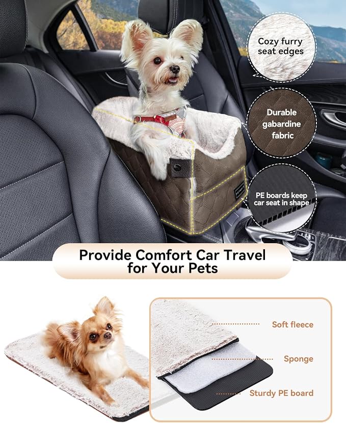 PETSFIT Dog Console Car Seat with Dual Adjustable Seat-Rail Anchor Hooks | Anti-Collapse Leather Armrest Booster Carseat with Safety Tether, Washable Cushion, Soft Pillow for Pets Under 8 lbs,Coffee - Image 7