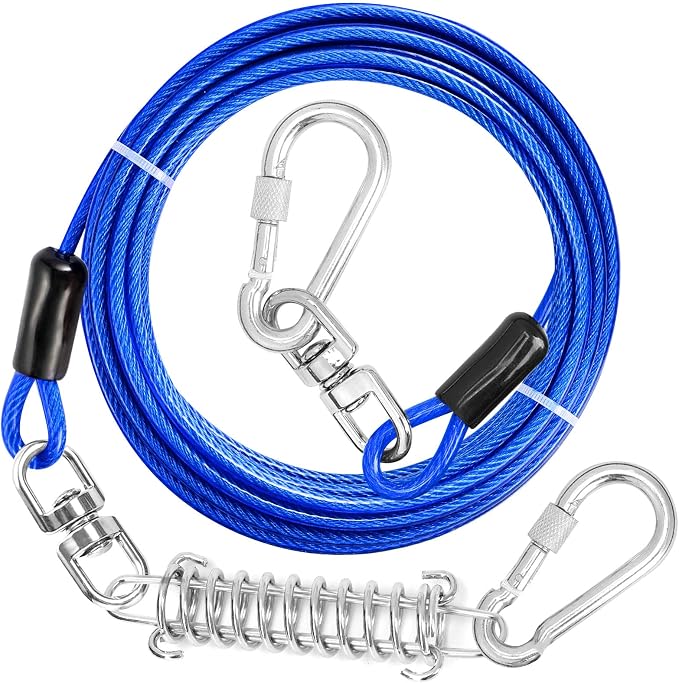jenico Dog Tie Out Cable - 50 ft Heavy Duty Dog Lead for Yard | Outdoor Runner Cable with Swivel Hook and Shock Spring for Small Medium Large Dogs Up to 500 lbs Dog Tether for Yard Camping by jenico