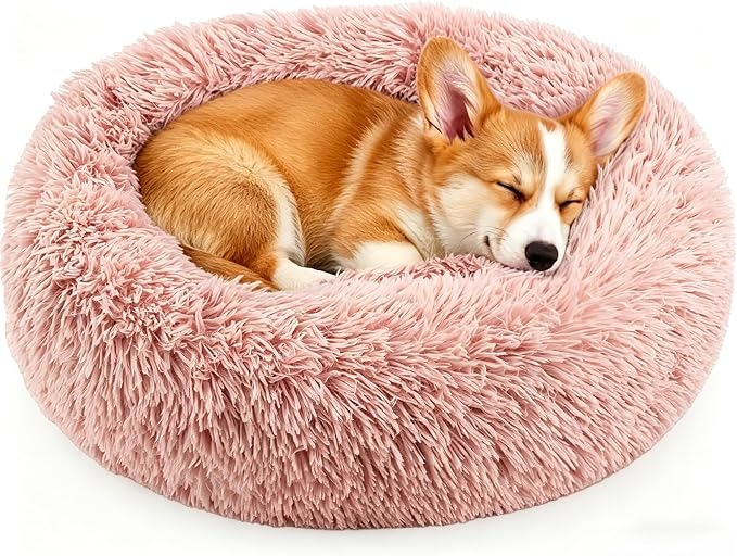 Calming Donut Dog and Cat Bed for Indoor Cats, Anti-Anxiety Round Fluffy Soft Washable Small Pet Bed for Puppy and Kitten, Warming Comfortable Luxury Anti-Slip Waterproof Mute Base 20in Pink by Homeuslynn
