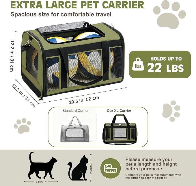Extra-Large Cat Carrier, Soft-Sided Collapsible Pet Carrier up to 22 lbs | Dog Carrier with Breathable Mesh, Spacious Interior for Big/Medium Cats and Small Dogs, Car Travel Vet Visit - Image 2