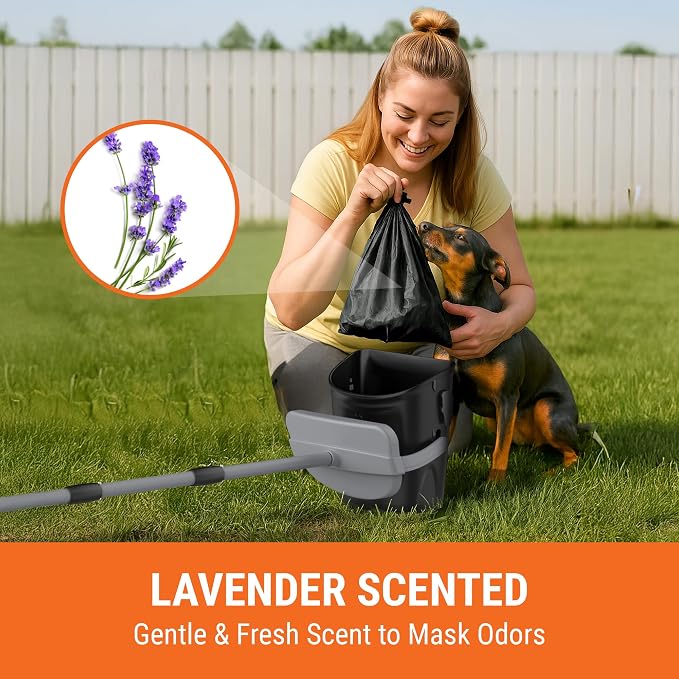 Dog Pooper Scooper with Bag Attachment, 40" Long Handle | Dog Poop Scoop for Yard, Large Capacity Swivel Bin and Rake Pooper Scooper, Lavender Scented Bags for Large Dogs (Black) - Image 5