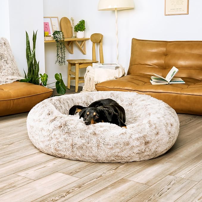 Furhaven 45" Round Calming Donut Dog Bed for Large Dogs, Refillable w/Removable Washable Cover, for Dogs Up to 90 lbs - Shaggy Plush Long Faux Fur Donut Bed - Driftwood Brown, Jumbo/XL - Image 4