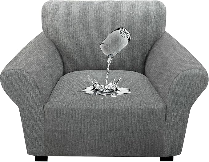 Waterproof Stretch Spandex Chair Sofa Slipcover - Non-Slip Soft Couch Cover with Elastic Bottom, Washable Leakproof Furniture Protector for Kids, Pets, Dogs & Cats (Chair, Light Gray) by Unknown