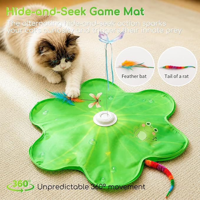 Interactive Cat Toys, Rechargeable with Auto Play and Bird Chirps | 3-in-1 hide and seek mat with fluttering butterfly, moving feather and plush tail, Perfect for indoor adult cats and kittens - Image 3