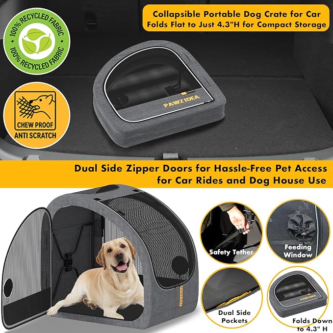PAWZIDEA Portable Dog Crate for Car Travel, Medium & Large Dogs Up to 80lbs | Soft-Sided Dog Car Kennel for Backseat, Secures Seatbelt & Headrest Strap, Collapsible Enclosed Car Seat Carrier, Chew-Proof - Image 6