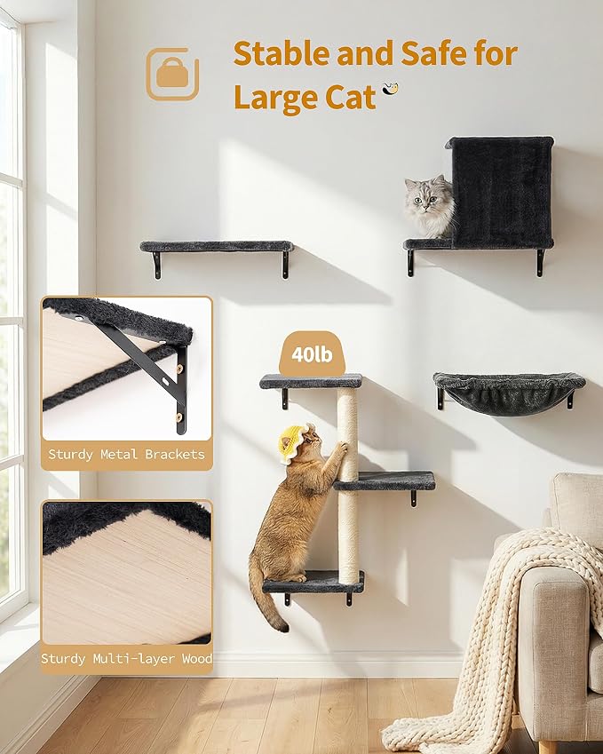 Aechonow Heavy Duty Cat Wall Shelves for Large Cats, 6-in-1 Cat Furniture | 17" × 11.9" Large Perch Bed and Hammock, Cat Climbing Wall Systems with Vertical Cat Scratcher - Image 4