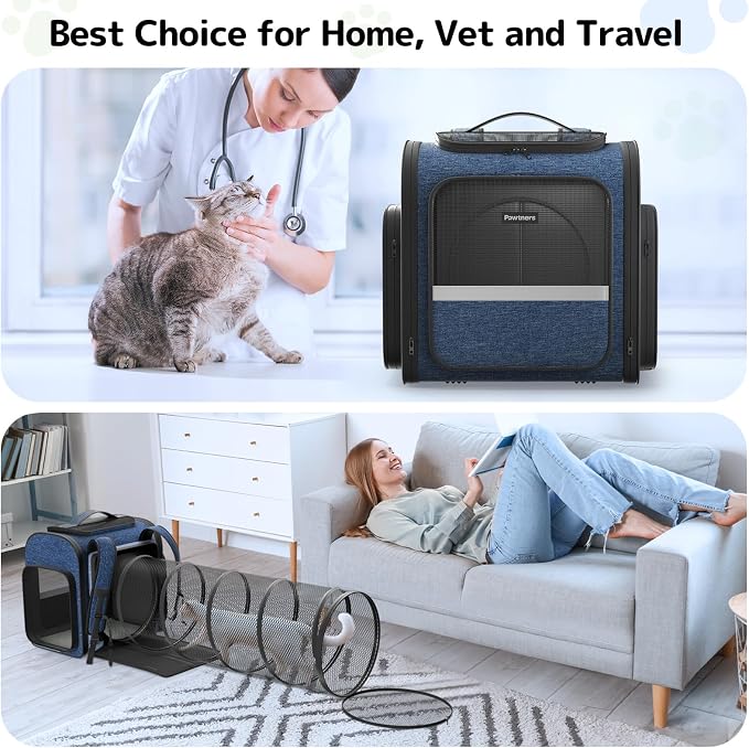 Pawtners Cat Backpack with Play Tunnel, Design for Carrying Playing Blue | Expandable, Foldable, Breathable, Large Space, Durable, Perfect for Cat Small Dog, Travel Hiking Camping Walking Car - Image 8