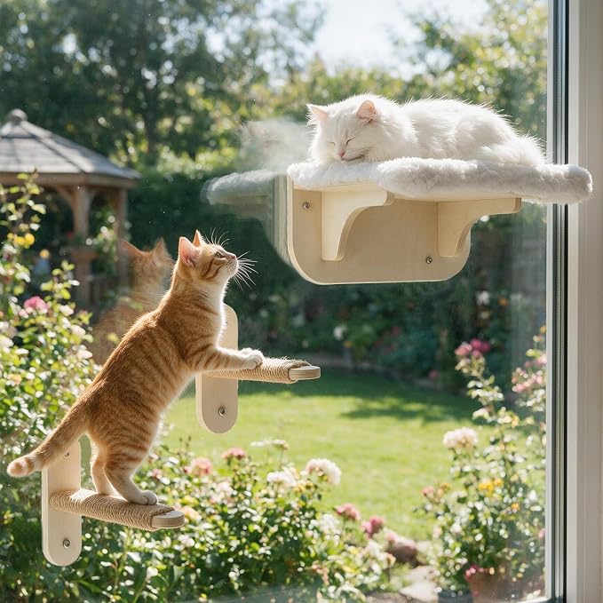 TIMIEEYA Cat Window Perch Sturdy Cat Hammock Window Seat with 2 Wood Steps, Cats Hammock Window 16"x10" Solid Wood Frame, Strong Suction Cups, Washable Cover Mat, Window Bed for Indoor Cats - Image 6