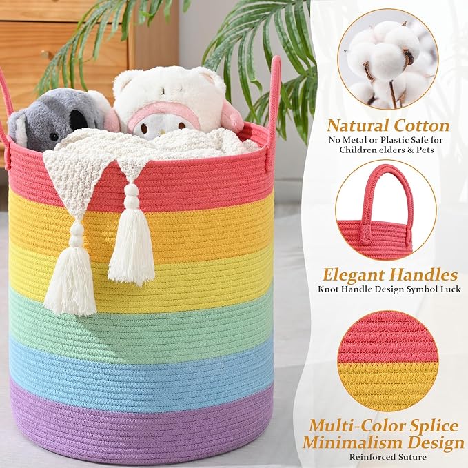 Laundry Hamper for Organizing, 52L Large Laundry Baskets, Cotton Rope Woven Blanket Basket, Collapsible Laundry Hamper for Living Room, Nursery, 15"×18", Rainbow - Image 3
