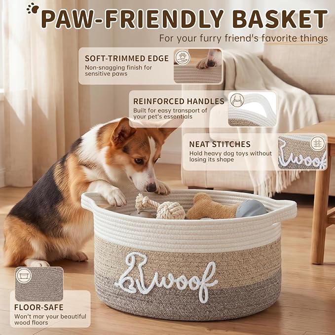 OIAHOMY 22L Large Dog Toy Basket, 16.5"x11.4"x9" Cotton Rope Basket with Cute Woof Embroidery, Soft Woven Pet Toy Box with Handles for Blankets, Leashes & Puppy Accessories, Yellow Black - Image 4