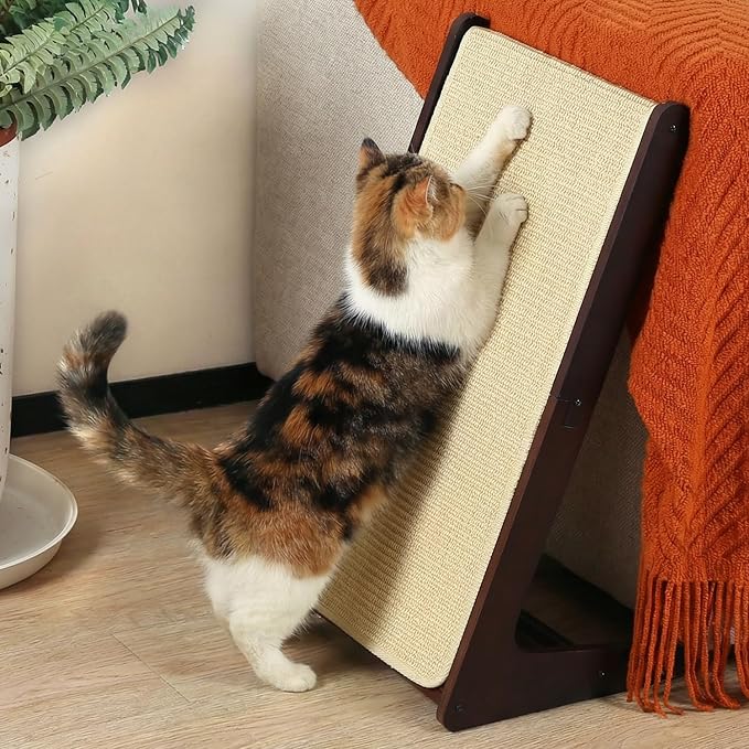 Zakkart L-Shaped Sisal Cat Scratcher, 24.8'' Tall Convertible 70° Vertical Scratching Pad & 20° Ramp Scratcher, Natural Sisal Mat, Solid Wood Frame, Helps Protect Furniture, Easy Assembly (Dark) by Zakkart
