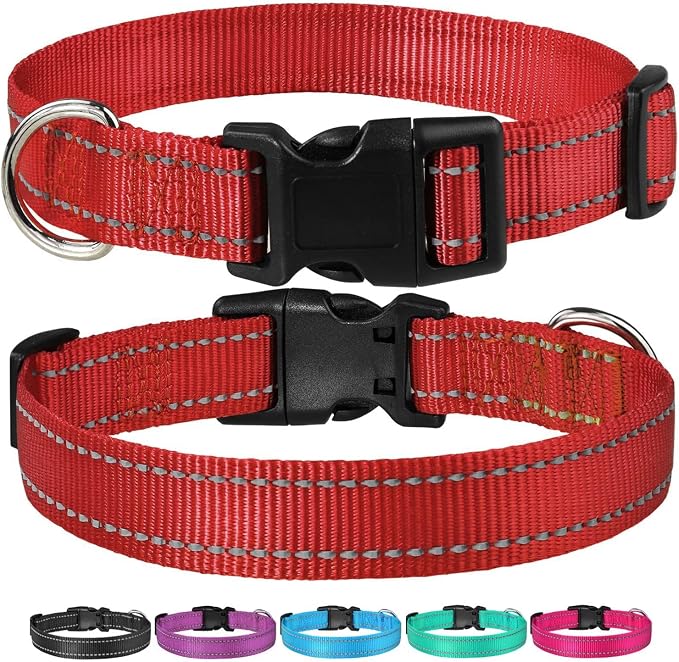Reflective Dog Collar, Puppy Collar with Buckle Adjustable, Red XS | Breathable Nylon Collars for Small Medium Large Dogs, No Chafing on Walks and Outdoor Hikes, Metal D-Ring, Night Safety - Image 6