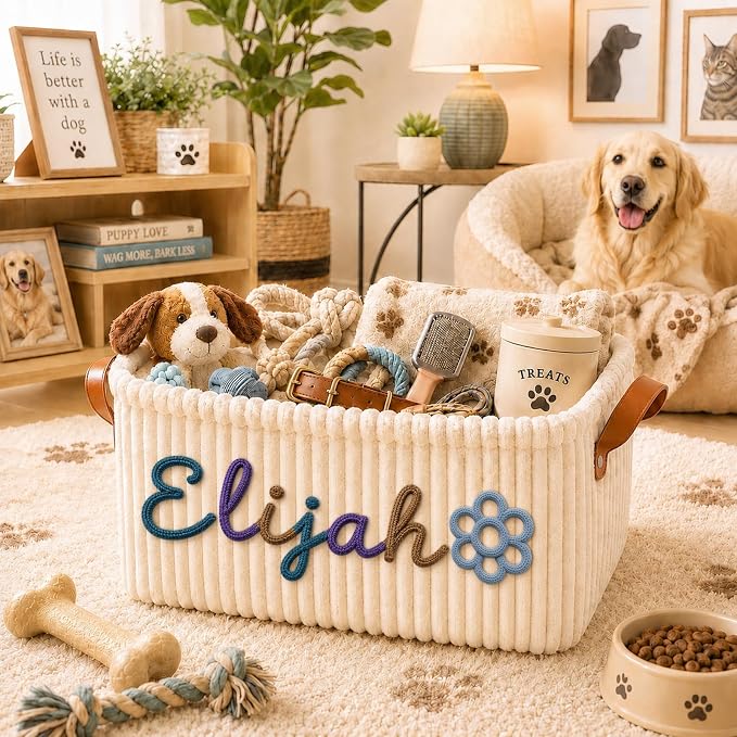 Personalized Pet Dog Cat Toy Storage Basket Bin with Embroidery Name & Icon | Custom Puppy Corduroy Storage Bins, Customized Dog Toy Box Organizer for Pet Supplies, Treats & Blankets, Pets Gifts Basket - Image 8