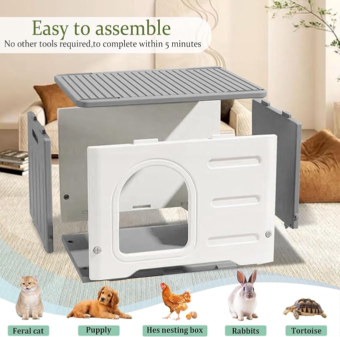 Plastic Cat House Outdoor & Indoor, Feral Cat Houses Waterproof Outdoor Cat House for Feral Cats, Outside Cat Shelter for Small Pet, Assemble and Clean Easily-Grey - Image 2