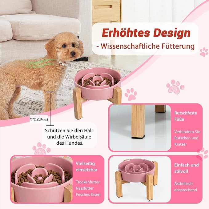 Elevated Slow Feeder Dog Bowl, 6.7" Ceramic Maze Dog Bowl with Stand | 1.5 Cups Slow Feeding Dog Dish for Fast Eaters, 5" Tall Anti-Slip Raised Slow Feeder for Small and Medium Breeds, Pink - Image 4