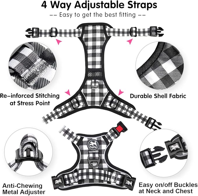 PoyPet Plaid Dog Harness Large, No Pull Vest with Front Clip & Neck Buckle | Padded Handle, Reflective, No Choke, Lockable, 2 Leash Rings, Full Adjustable, for Training Walking, XL, Grid - Image 3