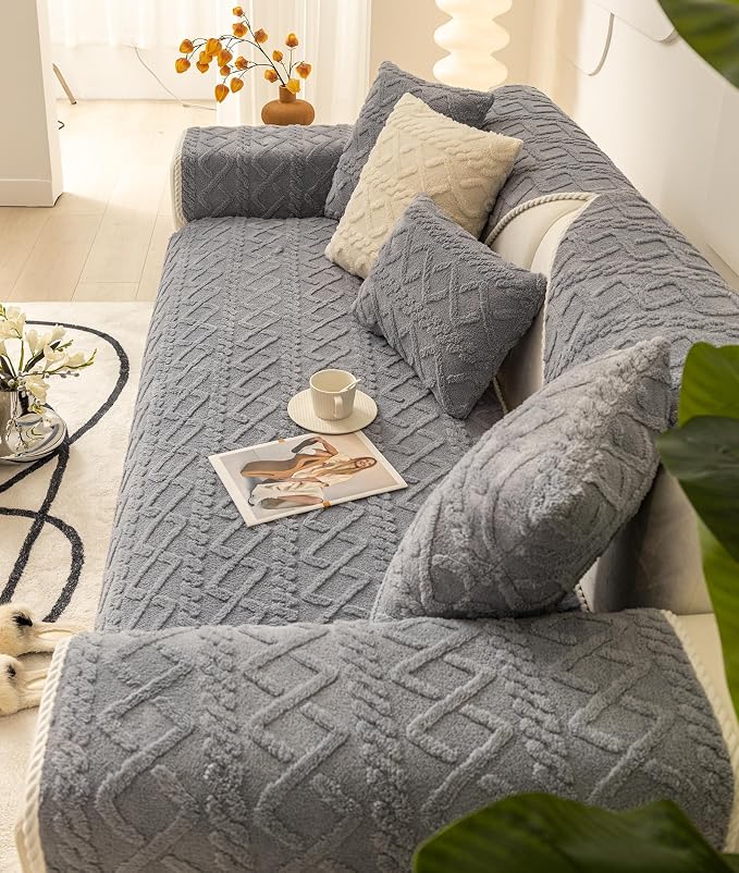 vctops Geometric Jacquard Plush Sofa Couch Covers Farmhouse Neutral Non Slip Sectional Couch Cover Soft Warm Sofa Slipcover for Dogs, Children, Pets Furniture Protector (Greyish Blue,43"x63") - Image 5
