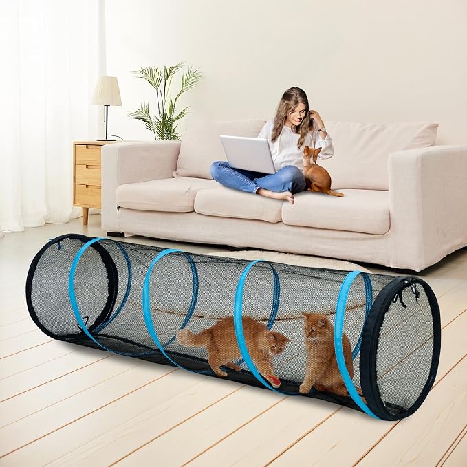 Cat Play Tunnel-for Indoors and Outdoors,Cat Tunnel Outdoor, Kitty Outdoor Enclosure, Cat Enclosures Easy to Connect with Two Zipper Doors,Product Size 59'' x 18'',3pcs /Set,Blue,3 Packs - Image 2