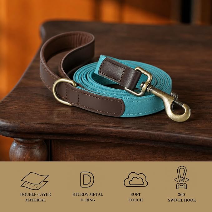 PU Leather Dog Leash for Medium Dogs, 5ft Padded Handle, Light Blue | Comfortable Grip for Daily Walking Training, Full Control, Metal D-ring, Tangle-Free 360° Swivel Clasp, Easy to Clean, 3/4in - Image 4