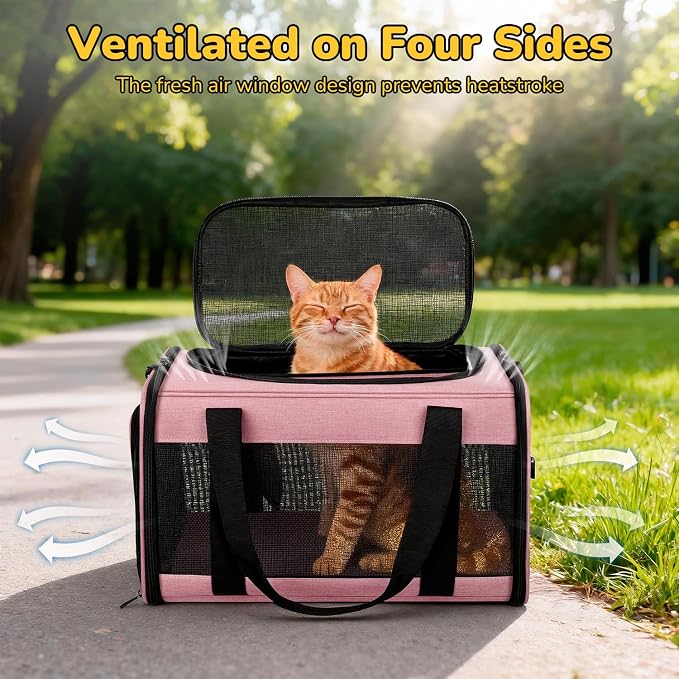 Hipubby Cat Carrier Dog Carrier for Pets Up to 16 Lbs, Soft-Sided Pet Travel Carrier for Cats and Small Dogs, Airline Approved Pet Carrying Case with Shoulder Strap & Removable Mat - Pink - Image 6