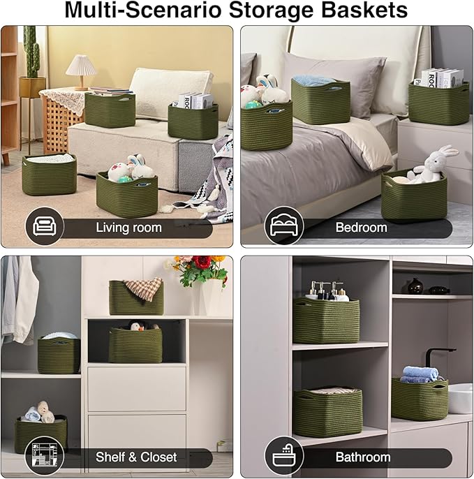 ICERZCZ Storage Basket for Shelves, Small Baskets for Organizing, Woven Cotton Rope Baskets for Storage, Book Basket, Decorative Shelf Basket, 12.5"Lx9.1''Wx7.9''H (4 Packs) Green - Image 5