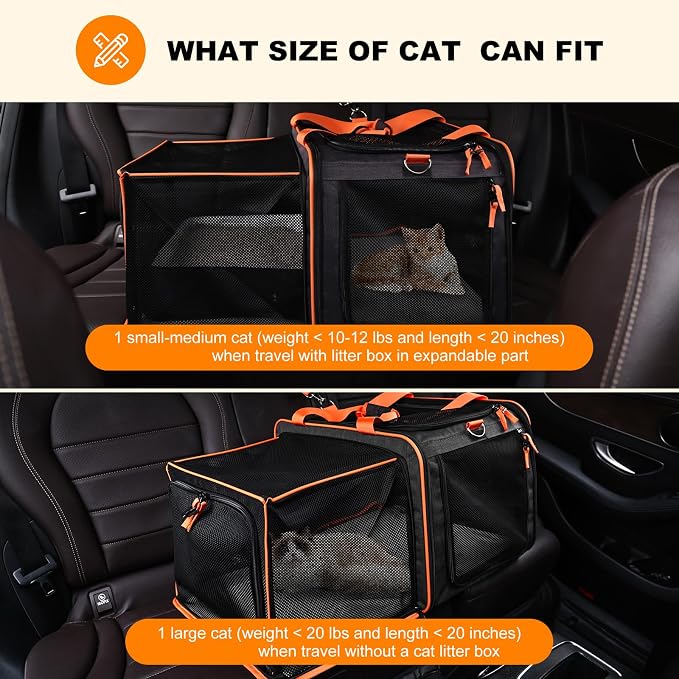 Pidipiti 20x14x14 Expandable car Travel Carrier, with Portable Litter Box | for 1 medium cat,large pet cage or kennel for long road trip,leakproof,with zipper lock,many pockets,good Visibility - Image 3