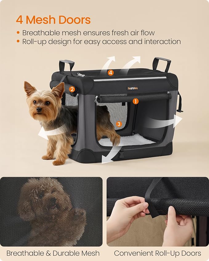 Feandrea Collapsible Dog Crate, Portable Travel Crate, 20-Inch | Oxford Fabric Pet Carrier with 4 Mesh Doors, Handles, Storage Pocket, Water Bottle Holder, UPDC015BH02 - Image 4