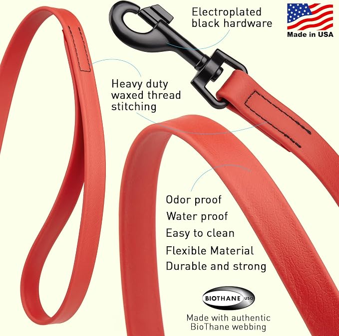 Dogline Biothane Waterproof Dog Leash Strong Coated Nylon Webbing with Black Hardware Odor-Proof Easy to Clean High Performance for Small or Large Dogs Made in USA 4 or 6 ft Lead, Cherry Red - Image 2
