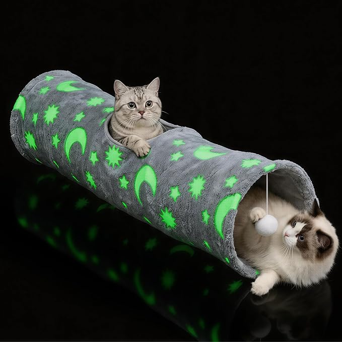 PAWISE Cat Tunnel for Indoor Cats, Glow in Dark Cat Tunnels with Pop-Up, 3-Way Collapsible Cat Play Tunnel Toy for Cats Kittens Rabbits, with Hanging Ball & Bell by PAWISE