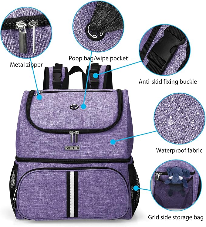 BAGLHER Pet Travel Bag, Double-Layer Pet Supplies Backpack (for All Pet Travel Supplies), Pet Travel Backpack with 2 Silicone Collapsible Bowls and 2 Food Baskets Purple - Image 3