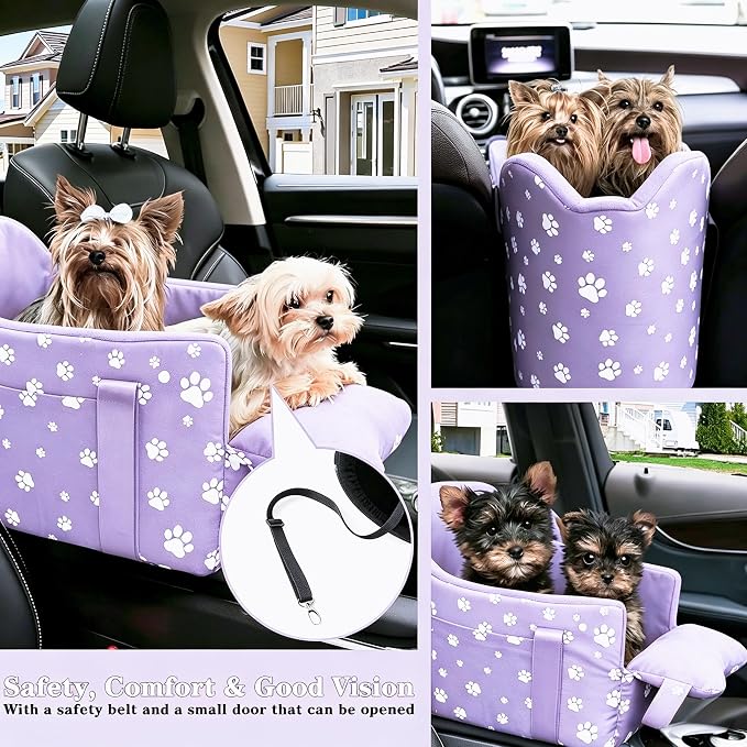 Center Console Dog Car Seat for Medium Dogs,Purple | Portable Armrest Booster With Soft Cushion Safety Belt, Up To 21 Lbs - Image 2