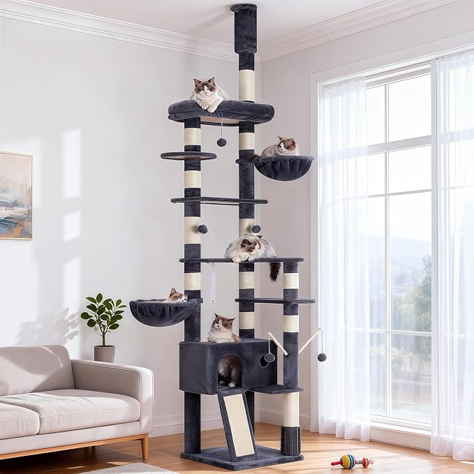 Hey-brother Cat Tree Tower, Adjustable Height, Floor to Ceiling, MPJ091G | 94.5-106.3 Inches Multi-Level Cat House, Scratching Posts, Plush Condo, Platform, Toy Ball for Indoor Big Cats, Smoky Gray by Hey-brother