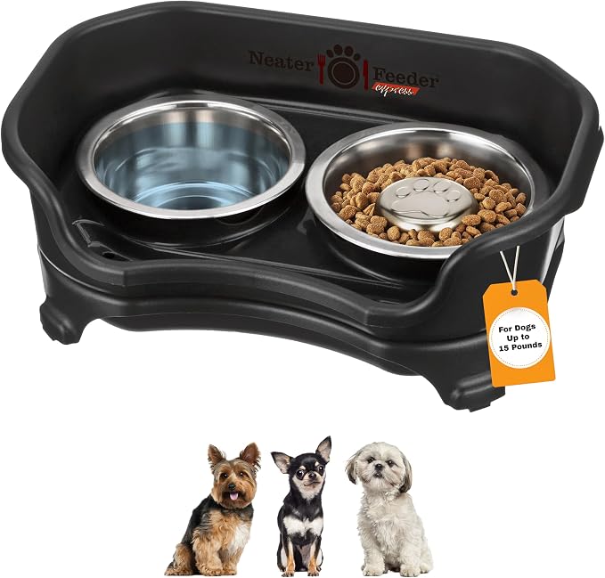 Neater Feeder Express Mess Proof Dog Bowls Elevated for Small Breed – Made in USA – No Spill Raised Slow Feeder Elevated Dog Bowl Stand, Stainless Steel Food and Water Bowl Set, Black by NeaterPets