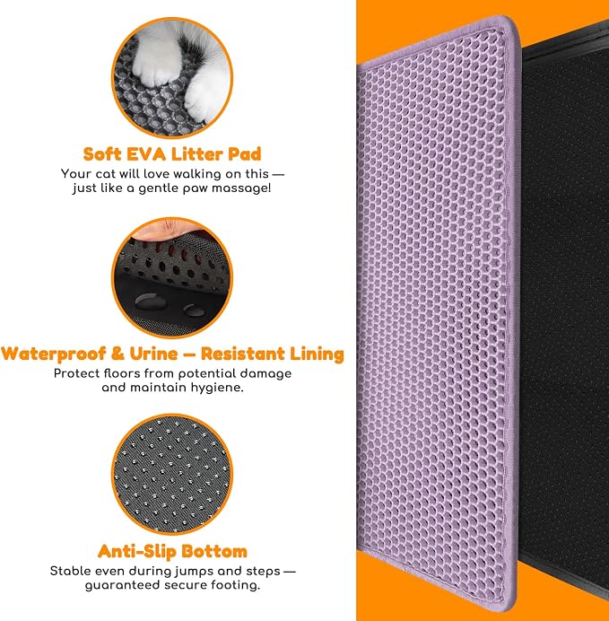 Cat Litter Mat 31"x24",Double Layer EVA Litterbox Mat Purple | Extra Large, Honeycomb, scatter control, Waterproof, non-slip, Odor-free, easy clean, washable, durable, floor protector - Image 3
