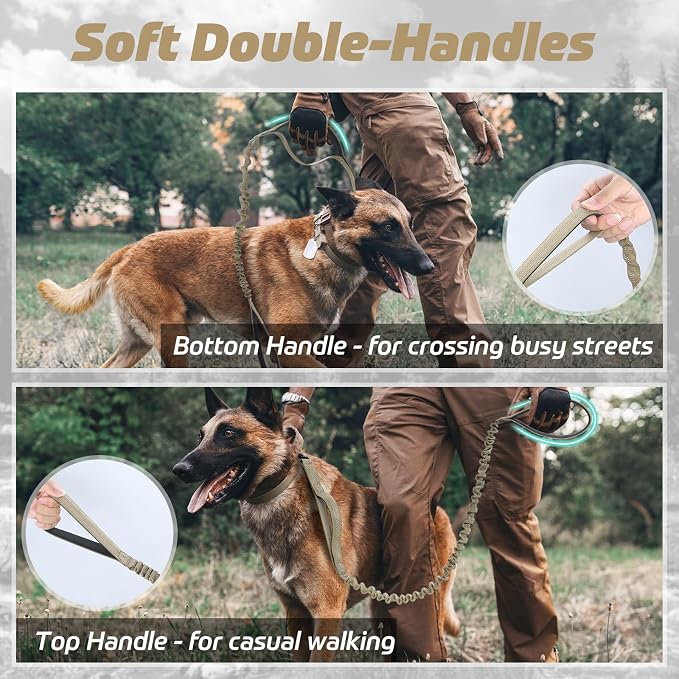 rabbitgoo Tactical Dog Leash, Heavy Duty Training Bungee Lead | Military Leash with 2 Padded Control Handles for Medium Large Dogs, No Pull for Shock Absorption, Reflective, Brown, 6FT - Image 2