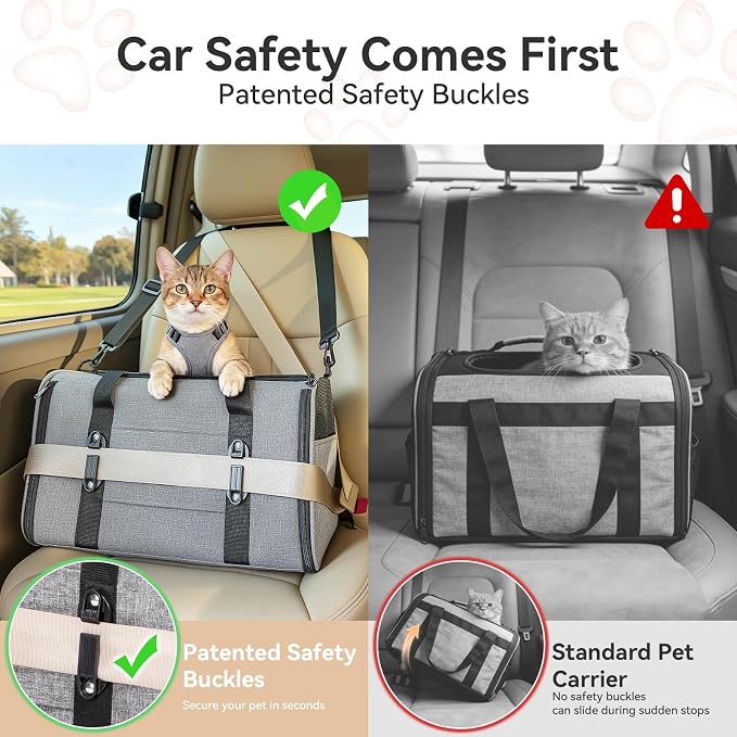 PETSFIT Cat Carrier Soft with Patented Safety Buckles,Safe for Car Travel | Lockable Zippers, Safety Tether, Escape-Resistant Pet Carrier for Vet Visits, Airline Approved Under-Seat, Up to 12 lbs - Image 2